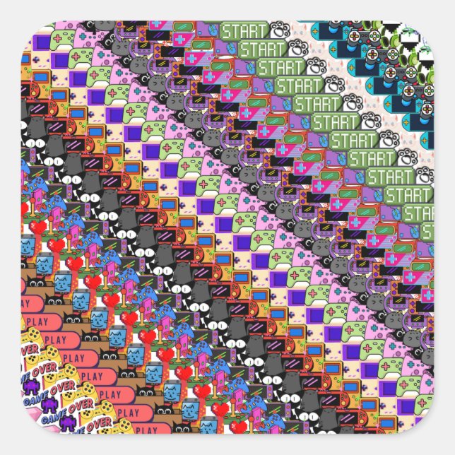 Adesivo Quadrado Multicolor Gamer Video Game Cat Pattern Sticker (Frente)