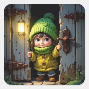 Adesivo Quadrado Munchkin Vestindo um Chapéu de Tricô e Suéter