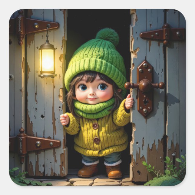 Adesivo Quadrado Munchkin Wearing a Knit Hat and Sweater (Frente)