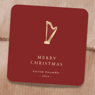 Adesivo Quadrado Música de Harpa em Ouro Elegante Natal Vermelho