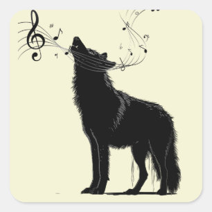 Adesivo Quadrado Música do Lobo Uivando Notas Divertidas Animal