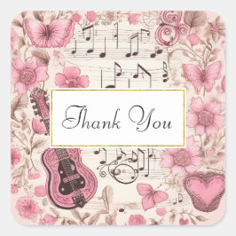 Adesivo Quadrado Música Notas e Flores Estilo Retroativo Obrigado