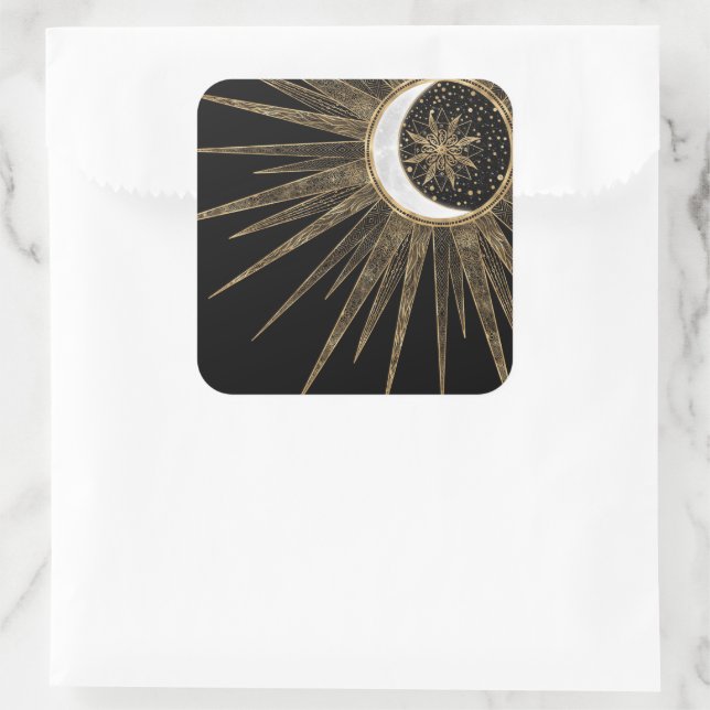 Adesivo Quadrado Mystic Black Dourado Sun Moon Mandala (Bolsa)