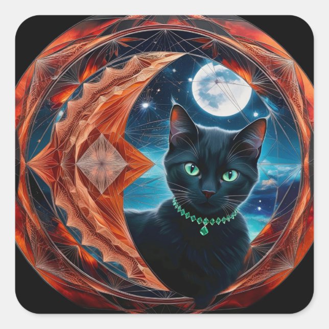 Adesivo Quadrado Mystical Black Cat Celestial Mandala (Frente)