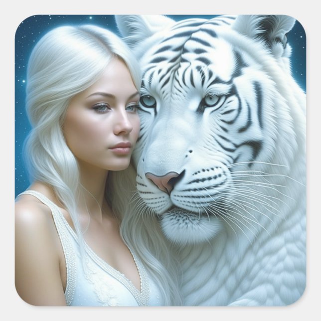 Adesivo Quadrado Mystical White Tiger e Mulher (Frente)