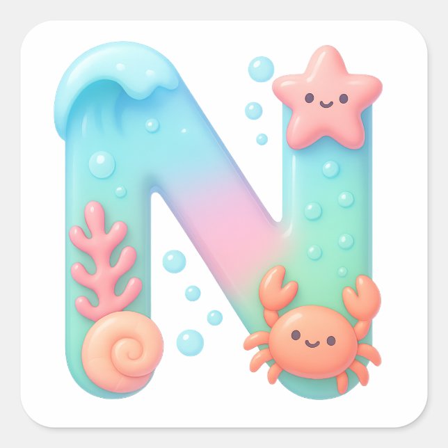 Adesivo Quadrado "N" Cute Letter - Underwater Sea Creature (Frente)