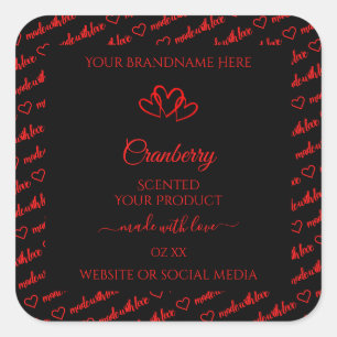 Adesivo Quadrado Na moda Black Red Word Cloud Product Labels Hearts