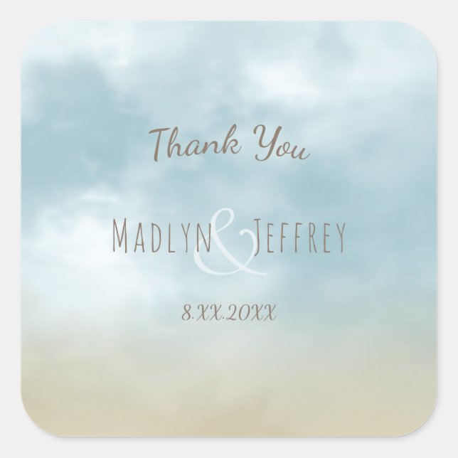 Adesivo Quadrado Na praia surf praia obrigado de casamento (Frente)