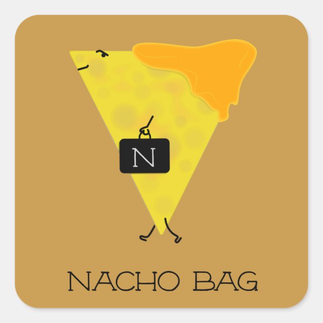 Adesivo Quadrado NACHO BAG Tortilla Chip com queijo Toando um Saco (Frente)