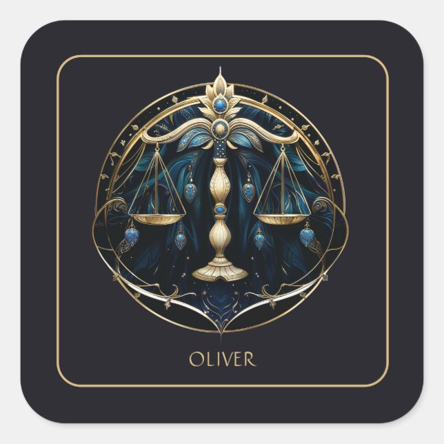 Adesivo Quadrado Name Cosmic Balance Zodiac Symbol Black Gold Libra (Frente)