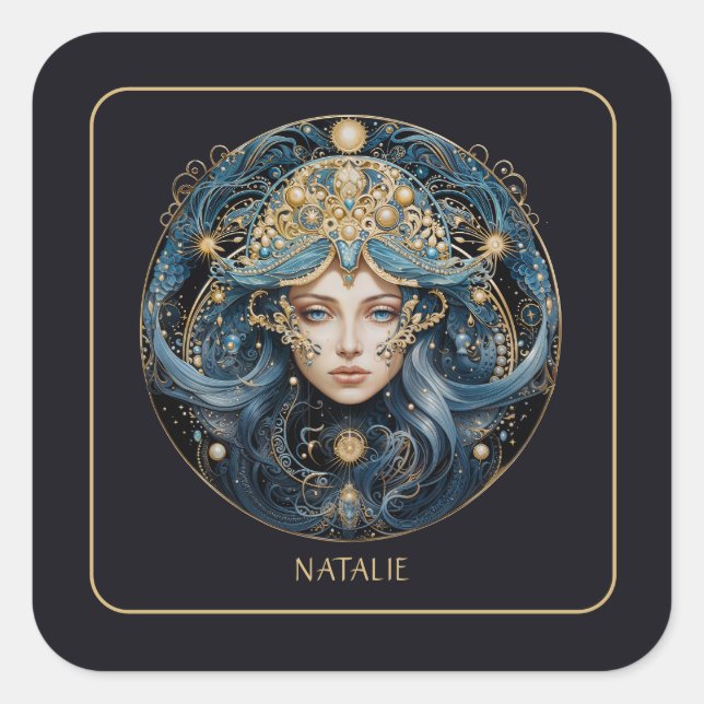 Adesivo Quadrado Name Cosmic Virgin Zodiac Symbol Black Gold Virgo (Frente)