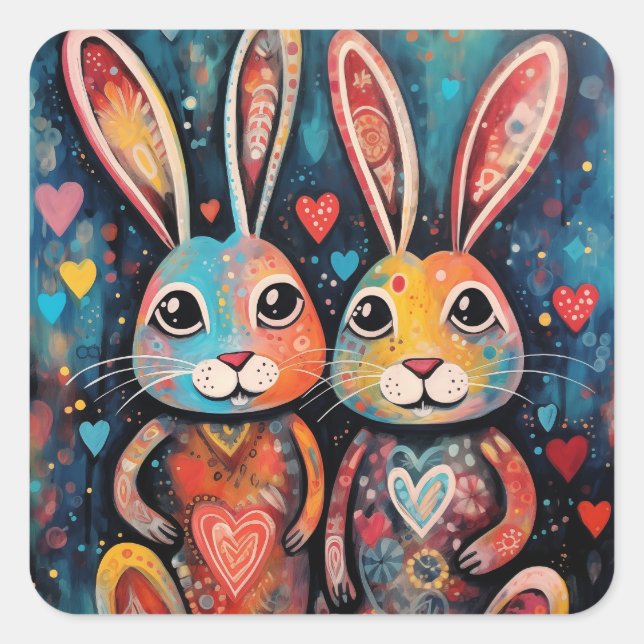 Adesivo Quadrado Namorados Amigos Bunnies longos ouvidos corações (Frente)