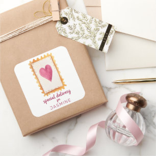 Adesivo Quadrado Namorados de Entrega Especial de Carimbo Vermelho