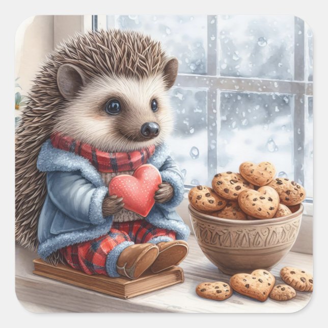 Adesivo Quadrado Namorados de Neve Adorável de Cookies Hedgehog (Frente)