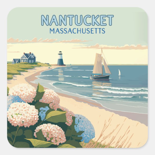 Adesivo Quadrado Nantucket Beach Hydrangeas Boat Retro (Frente)