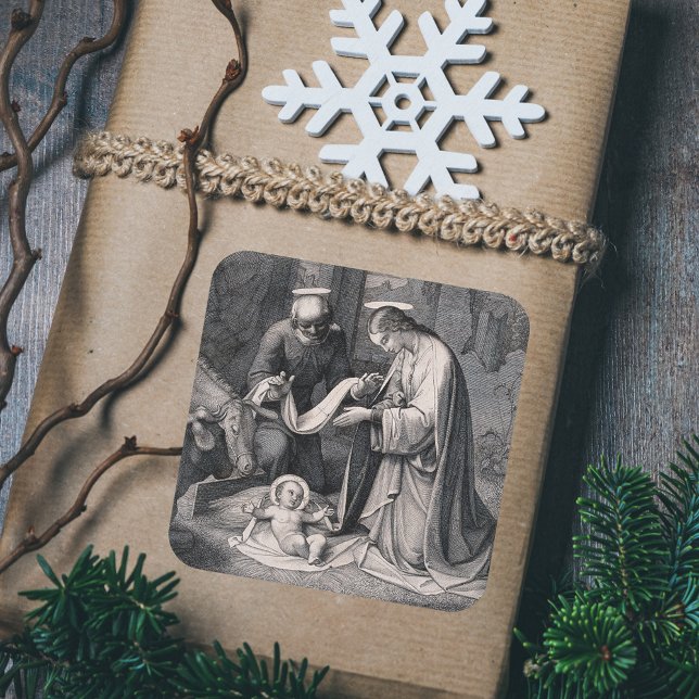 Adesivo Quadrado Nascimento da Cena de Natal Cristã Cristo (Birth of Christ - Vintage Religious Christian Catholic  Christmas Nativity Scene Gift Sticker)