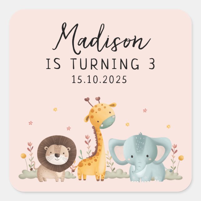 Adesivo Quadrado Nascimento de Animais Selvagens de Festa Menina (Frente)