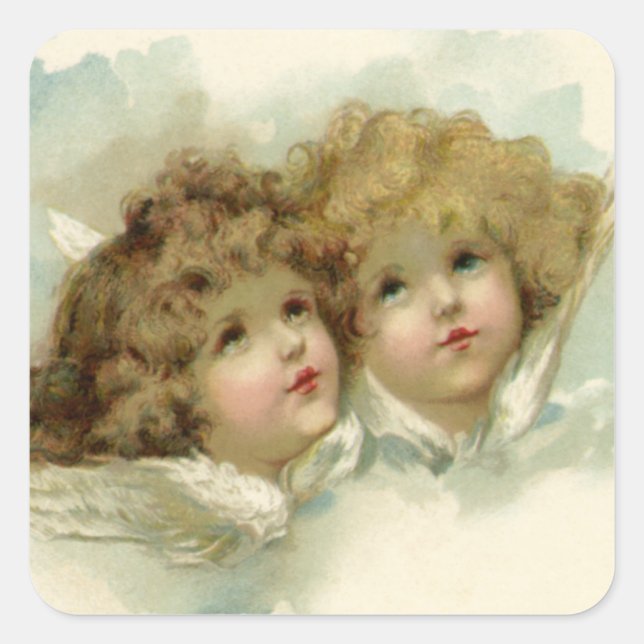 Adesivo Quadrado Natais vintages, anjos vitorianos nas nuvens (Frente)