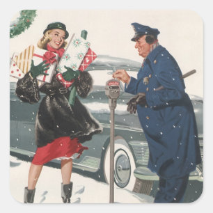 Adesivo Quadrado Natais vintages, Comprando Presentes Policiais