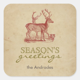 Adesivo Quadrado Natais vintages de saudações da temporada Deer Rus