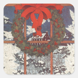 Adesivo Quadrado Natais vintages em uma janela com neve