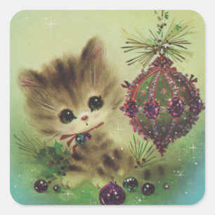 Adesivo Quadrado Natais vintages Kitten por ornamento