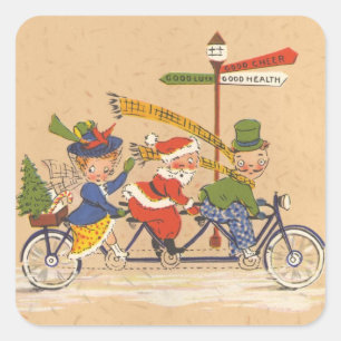 Adesivo Quadrado Natais vintages, Papai Noel andando de bicicleta