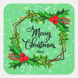 Adesivo Quadrado Natal 20xx Holly Red Berries Verde Moderno