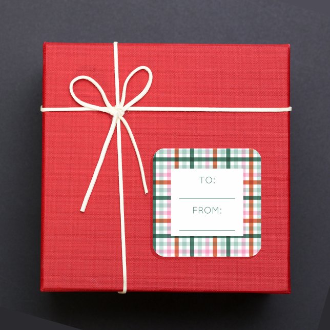 Adesivo Quadrado Natal A Partir De Vermelho Rosa Verde Gingham (Gingham To From square stickers. Match with our modern gingham holiday gift wrapping collection)