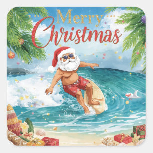 Adesivo Quadrado Natal Alegre Papai Noel Surfando Férias Costeiras