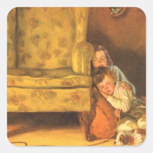 Adesivo Quadrado Natal Antigo: Crianças Esperando pelo Papai Noel