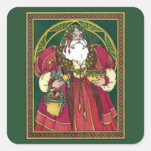 Adesivo Quadrado Natal Antigo, Papai Noel com Folhas de Azevinho