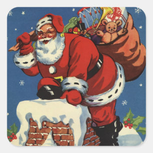 Adesivo Quadrado Natal Antigo, Papai Noel Descendo a Chaminé com Br