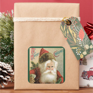 Adesivo Quadrado Natal Antigo, Papai Noel Vitoriano com Pinheiro