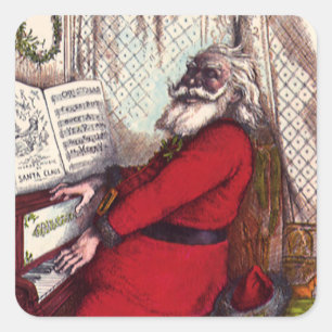 Adesivo Quadrado Natal Antigo, Thomas Nast Papai Noel ao Piano