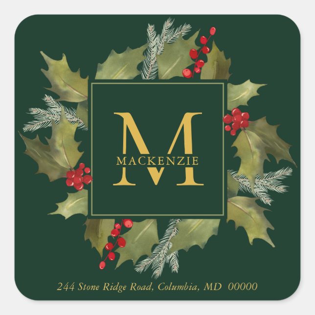 Adesivo Quadrado Natal Aquarela Monograma Holly Wreath Verde (Frente)