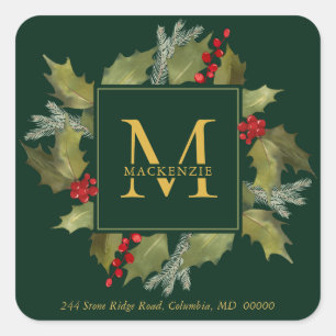 Adesivo Quadrado Natal Aquarela Monograma Holly Wreath Verde