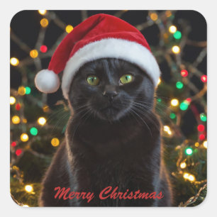 Adesivo Quadrado Natal Black Cat - Foto personalizada do Santa Hat