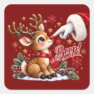 Adesivo Quadrado Natal Bonito Papai Noel e Boop no Nariz do Renas