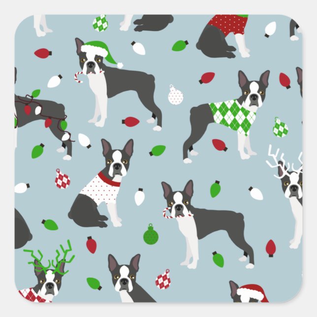 Adesivo Quadrado Natal Boston Terrier (Frente)