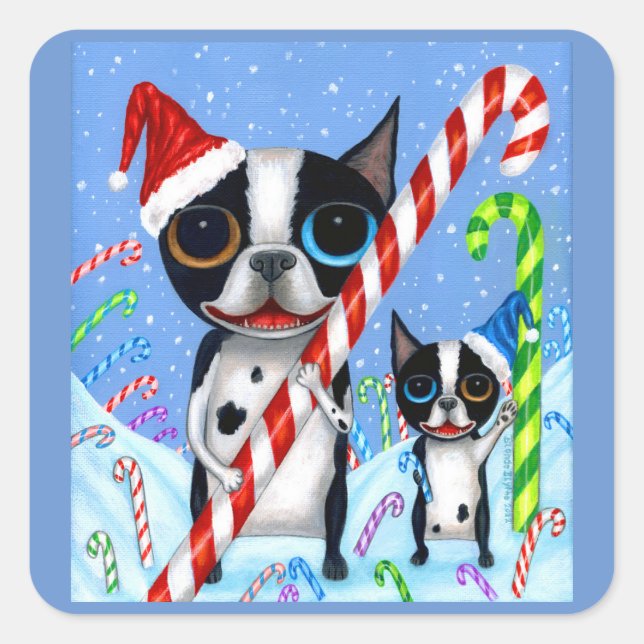 Adesivo Quadrado Natal Boston Terrier Cogs Candy Cane Santa Hat (Frente)