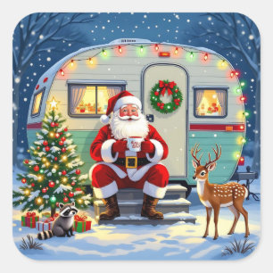 Adesivo Quadrado Natal Caprichoso da Floresta e Trailer de Camping