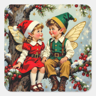 Adesivo Quadrado Natal Crianças de Fadas Élficas Vintage Fofas