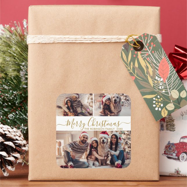 Adesivo Quadrado Natal da Colagem de Fotos do Elegante Dourado Whit (Feriado)