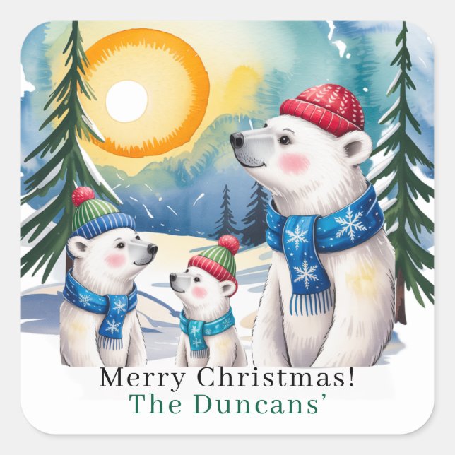 Adesivo Quadrado Natal da família de ursos polares de inverno (Frente)