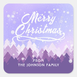 Adesivo Quadrado Natal da Floresta Pacífica de Neve Branca e Púrpur