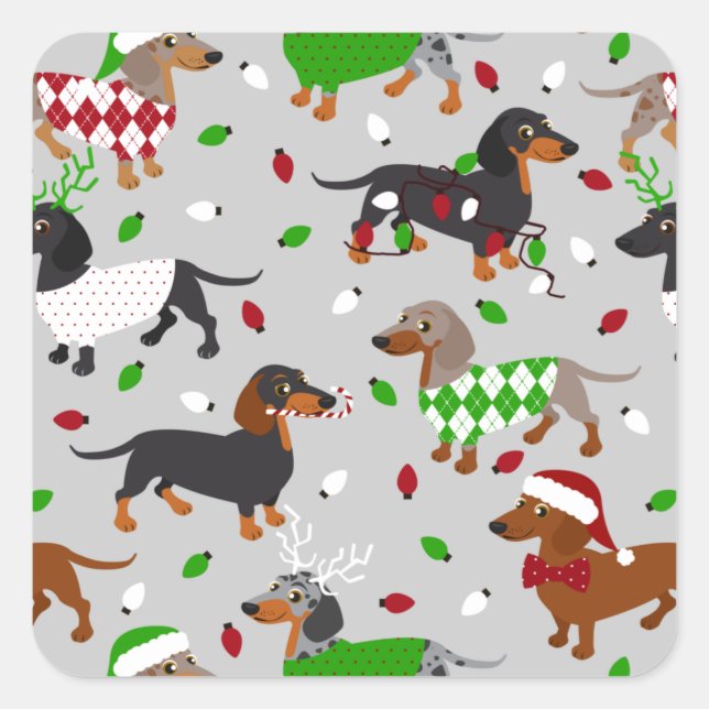 Adesivo Quadrado Natal Dachshund Todos os Casacos (Frente)