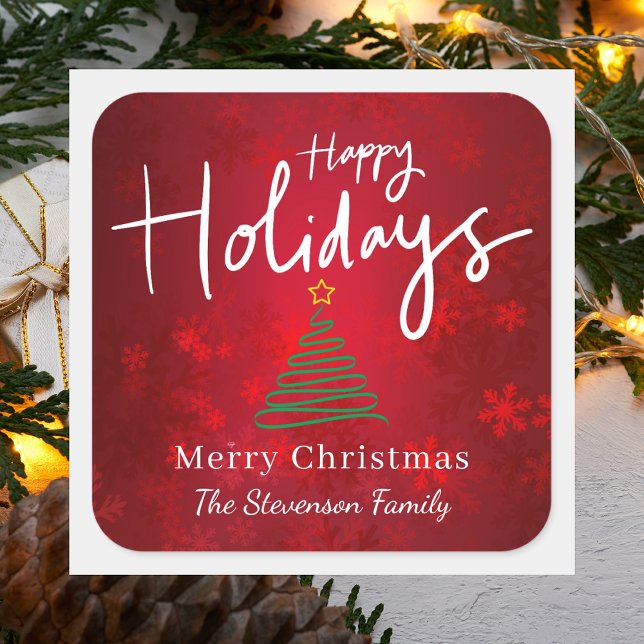Adesivo Quadrado Natal das Férias Felizes do Elegante Vermelho (Criador carregado)