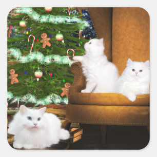 Adesivo Quadrado Natal de Gatinho Branco