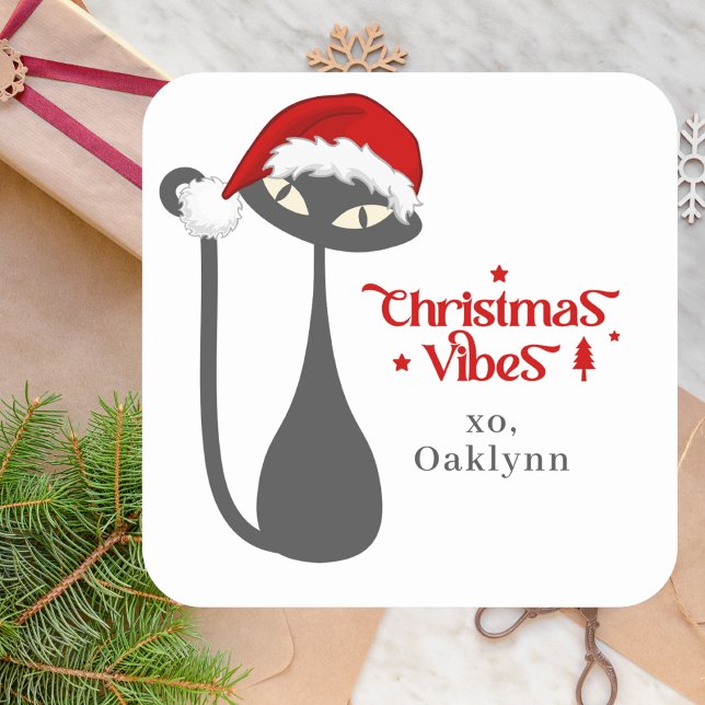 Adesivo Quadrado Natal de Gato Negro Atômico Retro-Atômico (Retro Atomic Cat Sticker)